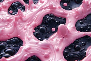 Poster - Vivid pink liquid with shiny droplets covers a dark surface, forming abstract patterns. The mixture showcases a creative blend of colors and textures, inviting artistic interpretation.