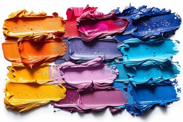 Poster - Bright, vibrant swatches of paint lay side by side on a clean white background. The colors range from orange and pink to purple and blue, showcasing thick, textured layers ready for creativity.