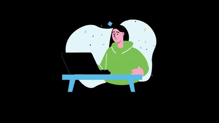 Poster - A woman of unknown ethnicity working on a laptop, wearing a green hoodie in a minimalistic, colorful background.