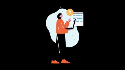 Poster - A woman in an orange sweater working on a laptop with a percentage symbol and data displayed, representing modern business processes.
