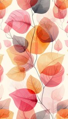 Poster - Vibrant leaves in shades of pink, orange, and yellow blend harmoniously against a light background. The delicate arrangement evokes a warm, autumn atmosphere, perfect for interior design.