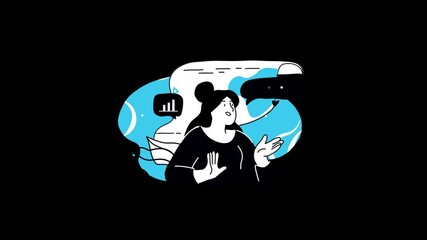 Poster - A woman of Asian descent presenting information on a digital screen while gesturing expressively.