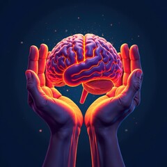 Poster - Two hands gently cradle a glowing, vibrant brain, showcasing intricate details and illuminating colors. This artistic representation emphasizes the connection between humanity and intellect.