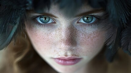 Wall Mural - Close-up portrait of a freckled girl with intense green eyes, wearing a feather headdress.