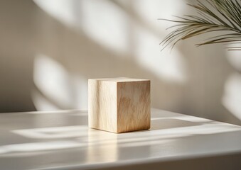 Poster - Minimal Wooden Cube on Smooth Surface with Natural Light Shadow in Scandinavian Style