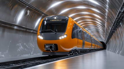 Poster - Orange modern train speeding through a metallic tunnel.