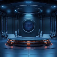 Poster - Futuristic Control Room with Holographic Display Circular Platform and Glowing Blue Light