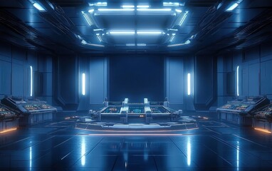 Poster - Futuristic Cyberpunk Control Room with High-Tech Machinery and Dramatic Lighting