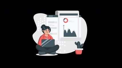 Poster - A young Asian woman sitting cross-legged with a laptop, analyzing data charts in a modern workspace.