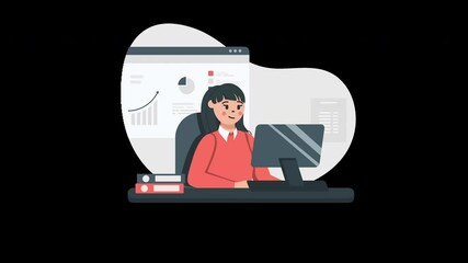 Poster - a young asian woman working in an office on a computer, analyzing data with charts in the background
