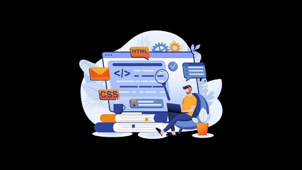 Aufkleber - A man focused on coding, surrounded by books and tech elements, representing programming and web development.
