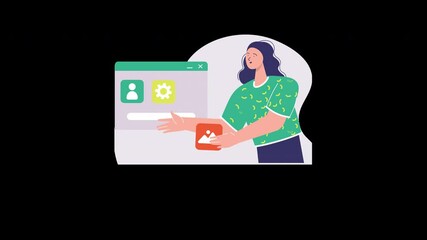 Poster - A young woman with dark hair is demonstrating a software interface on a computer screen in a modern flat design.