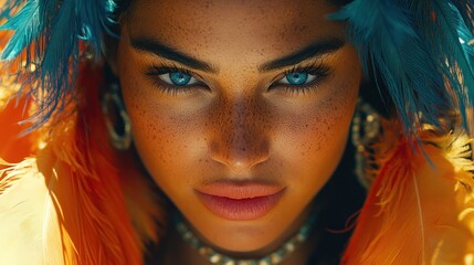 Wall Mural - Close-up portrait of a woman with vibrant blue eyes and freckles, wearing orange and teal feathers.