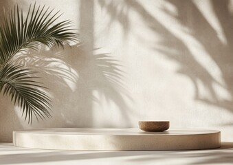 Poster - Minimalist 3D Display Podium on Neutral Background with Palm Leaf Shadows for Tropical Beauty Promotion