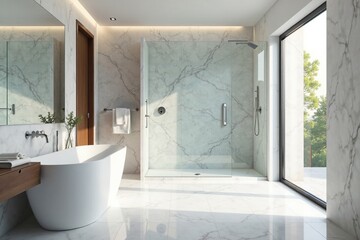 Wall Mural - Sleek marble floor leads to a spacious glass enclosed shower area, contemporary, marble