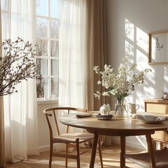 Poster - Cozy Scandinavian Breakfast Scene with Wooden Table Floral Centerpiece and Tranquil Morning Light