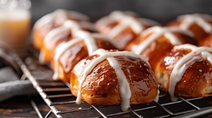 Wall Mural - Freshly baked hot cross buns with glossy glaze and icing drizzled on top, arranged on cooling rack. These sweet treats are perfect for festive occasions and celebrations