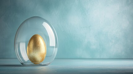 Poster - golden egg inside glass dome on blue background, symbolizing luxury and protection. serene setting enhances elegance of scene