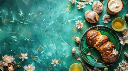 Wall Mural - Delightful croissant on green plate surrounded by flowers, pastries, and tea. vibrant spring setting perfect for brunch or festive gathering