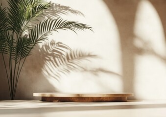 Poster - Minimalist Still Life Tropical Display with Stone Pedestal and Palm Leaf Shadows on Neutral Background