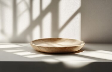 Poster - Minimalistic Wooden Plate Still Life on Illuminated Surface with Dramatic Shadows for Scandinavian Design Style