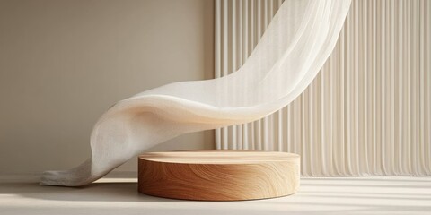Poster - Minimalist 3D Podium Display with Flowing Beige Fabric and Wooden Pedestal for Beauty and Cosmetic Presentation