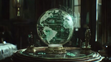 Poster - A D holographic projection of a globe surrounded by digital business icons.
