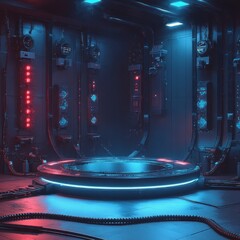 Poster - Futuristic Glowing Podium in Cyberpunk Laboratory with Cool Blue Lights and Sleek Wires for Technology Display and Presentation
