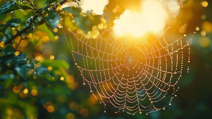droplet clings intricate spiderweb catching soft sunlight as blurred forest background enhances its beauty. delicate structure shimmers dew creating serene atmosphere.