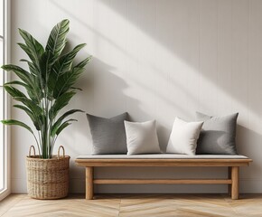 minimalist interior design wooden bench cushions plant bright living room coastal home