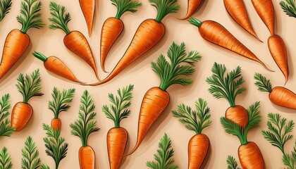 Wall Mural - Vibrant orange carrots with lush green tops arranged in a visually appealing pattern.