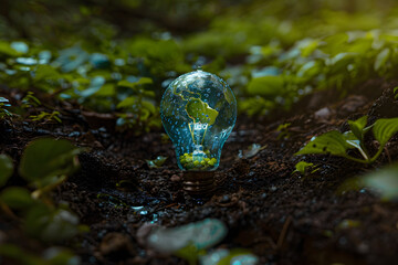 Wall Mural - Lightbulb with Water, Miniature Earth, and Plants in Soil