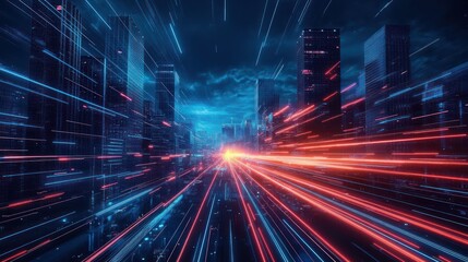 Poster - Futuristic Cityscape 3D Rendering of Hyperloop Transit with Neon Lights and Motion in a Dynamic Mega City