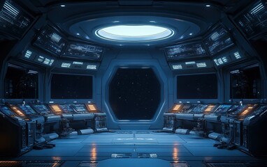 Poster - Futuristic Control Room with High-Tech Machinery and Cyberpunk Aesthetic in a Sleek Metallic Environment
