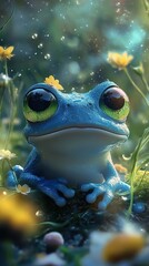 Poster - Adorable Blue Frog in a Magical Garden