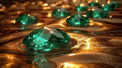 Poster - glowing green stones are scattered across flowing liquid gold surface. light reflects off stones pro