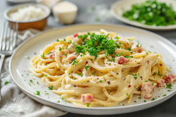 Wall Mural - Spaghetti Carbonara Garnished with Fresh Parsley on Plate, Traditional Roman Pasta Dish