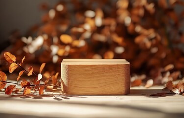 Poster - Minimalist Still Life Wooden Block Surrounded by Softly Blurred Autumn Leaves with Warm Golden Light