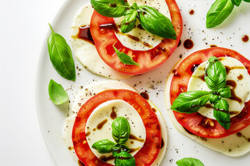 Wall Mural - Caprese Salad with Fresh Tomatoes, Mozzarella and Basil Leaves, Close-Up