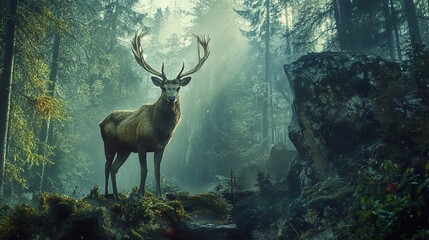 Sticker - Majestic Deer in a Foggy Forest: A Mystical Scene