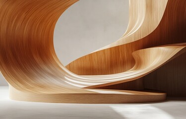 Poster - Minimalist 3D Background with Wooden Curves and Soft Lighting for Cosmetic Product Display