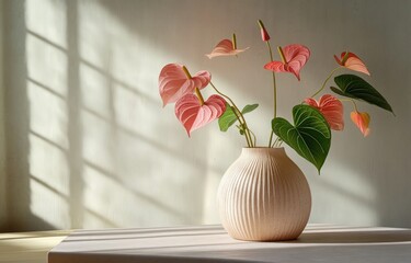 Wall Mural - Minimalist Display with Pink Anthurium Flowers in Curved Ceramic Vase on Beige Pedestal with Curtain