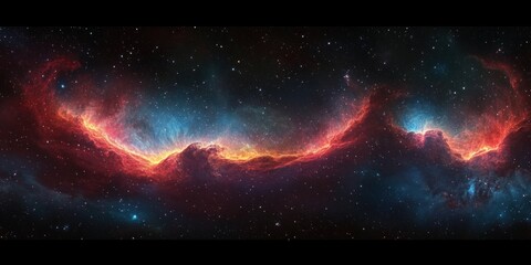 Wall Mural - Vibrant Cosmic Nebula Swirling in Red and Blue after Supernova Explosion with Ethereal Glow and Panoramic View of the Universe