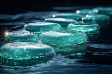 Aufkleber - Smooth green stones are artistically arranged on sleek black background illuminated soft gradients give ethereal glow highlighting their beauty and serenity.