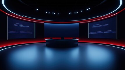 Leinwandbilder - Virtual studio background for TV news. Modern 3D rendering backdrop. Ideal for online shows live events. Circular design with large screens showing data streams. Round dark table in center of room