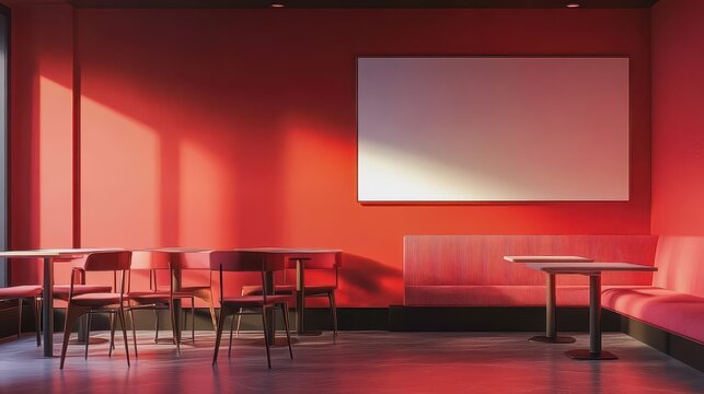 A modern cafe interior featuring wooden furniture, large windows, and a white blank wall, set in a light-filled space.