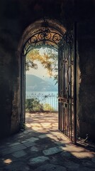 Poster - A picturesque view through an ancient iron gate