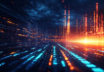 Leinwandbilder - Futuristic Digital Cyberpunk Landscape with Glowing Code Lines and Technology Background