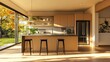 © KHF - A modern home kitchen featuring a sleek bar counter, a fridge, and a large window, with an empty wall that offers flexibility for customization.