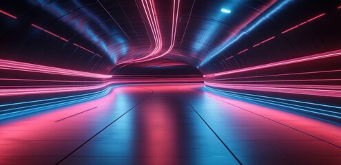 Poster - Futuristic Neon Corridor with Glowing Light Trails on Glossy Floor Representing Speed and Technology in Cyberpunk Style